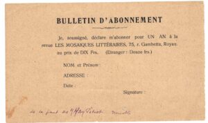 1919 10 03 Bulletin d'abonnement Les Mosaïques Littéraires