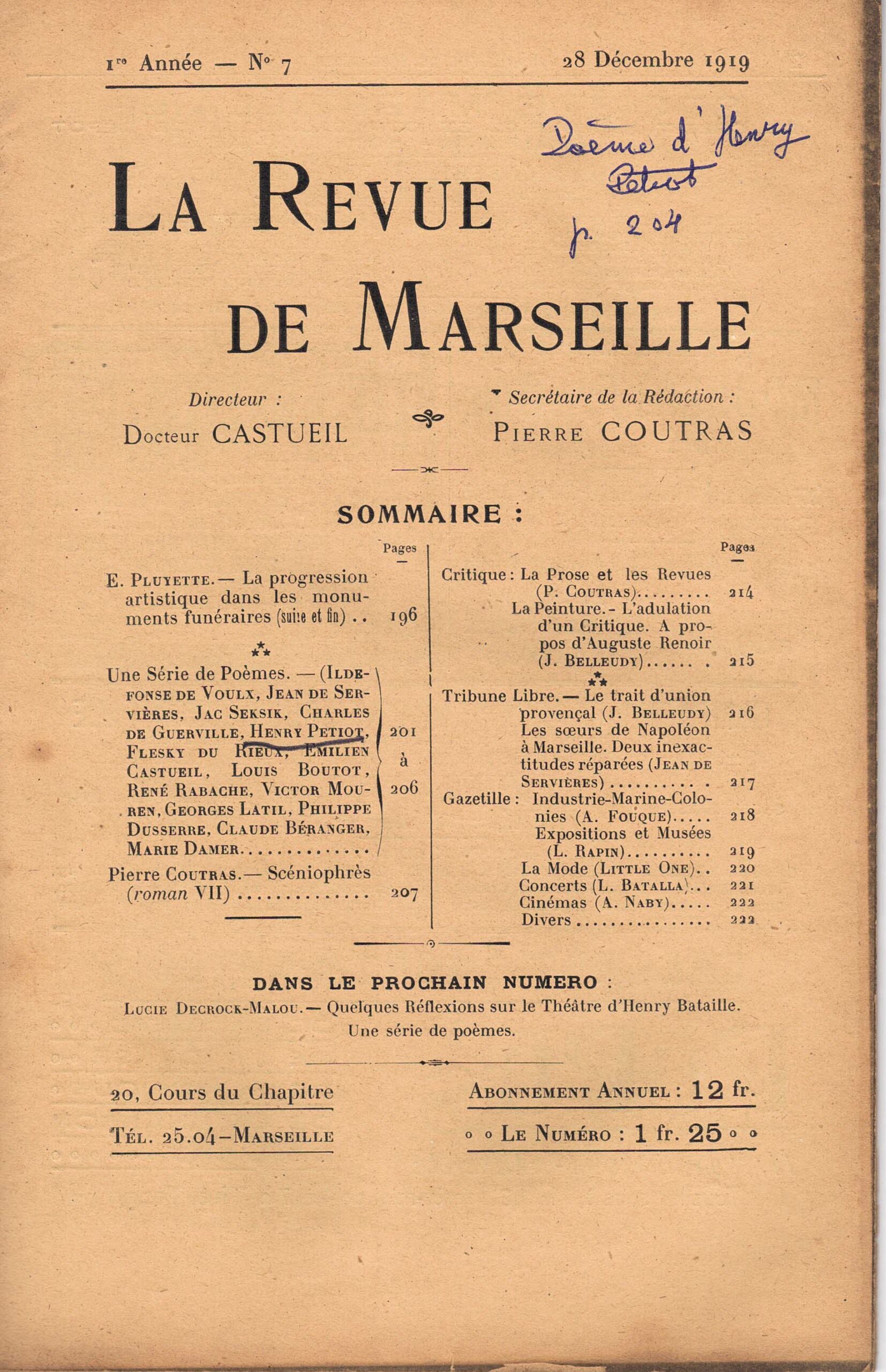 1919 12 28 La Revue de Marseille numéro 7 couverture