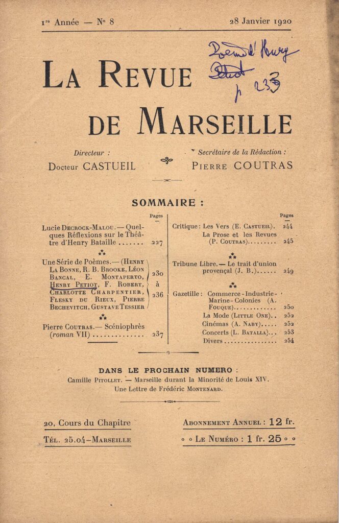 1920 01 28 La Revue de Marseille numéro 8 couverture