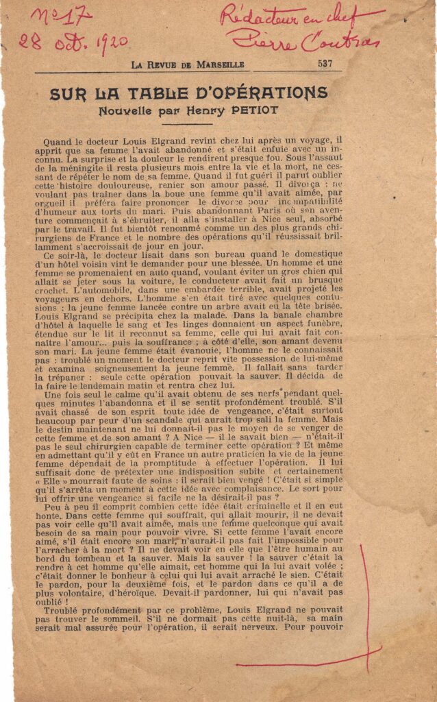 1920 10 28 La Revue de Marseille numéro 17 Sur la table d'opérations 1