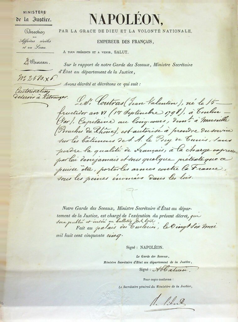 Autorisation servir le Bey de Tunis 26 mai 1855