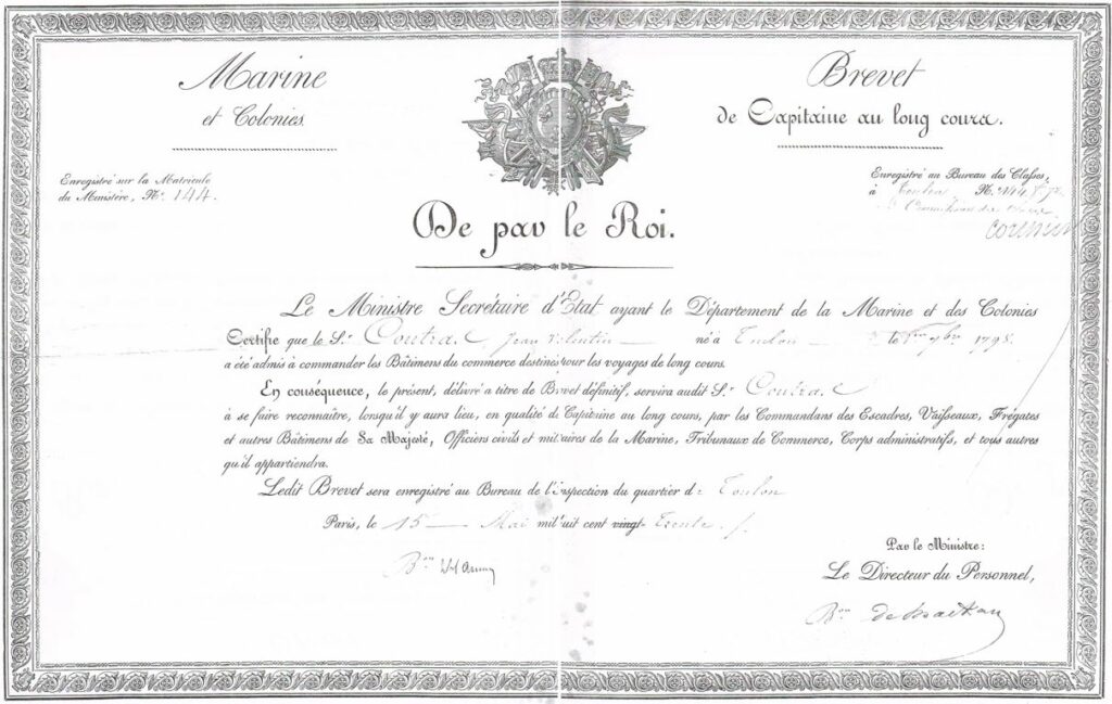 Brevet de Capitaine au long cours 15 05 1830