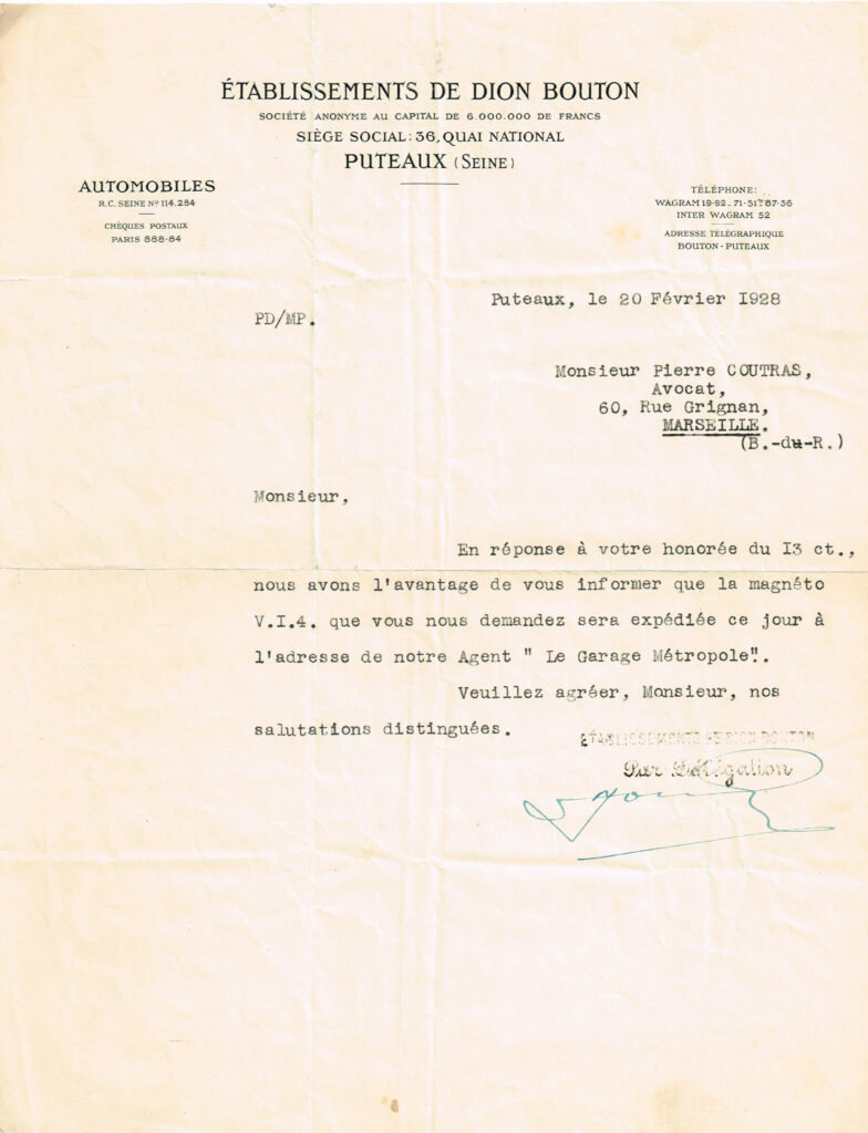 De Dion Bouton commande magnéto envoi 20 février1928