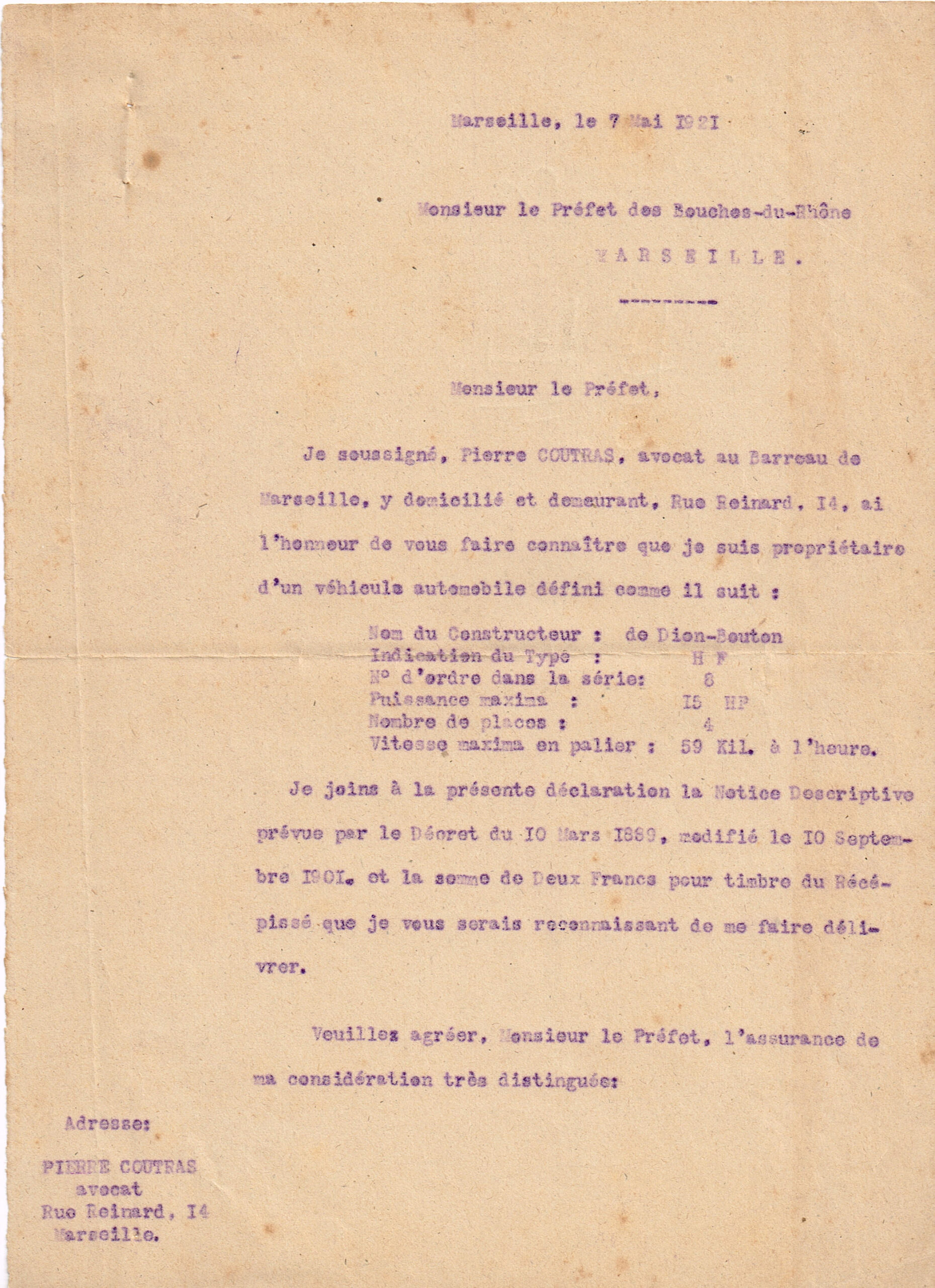 De Dion Bouton déclaration préfecture 7 mai 1921 1