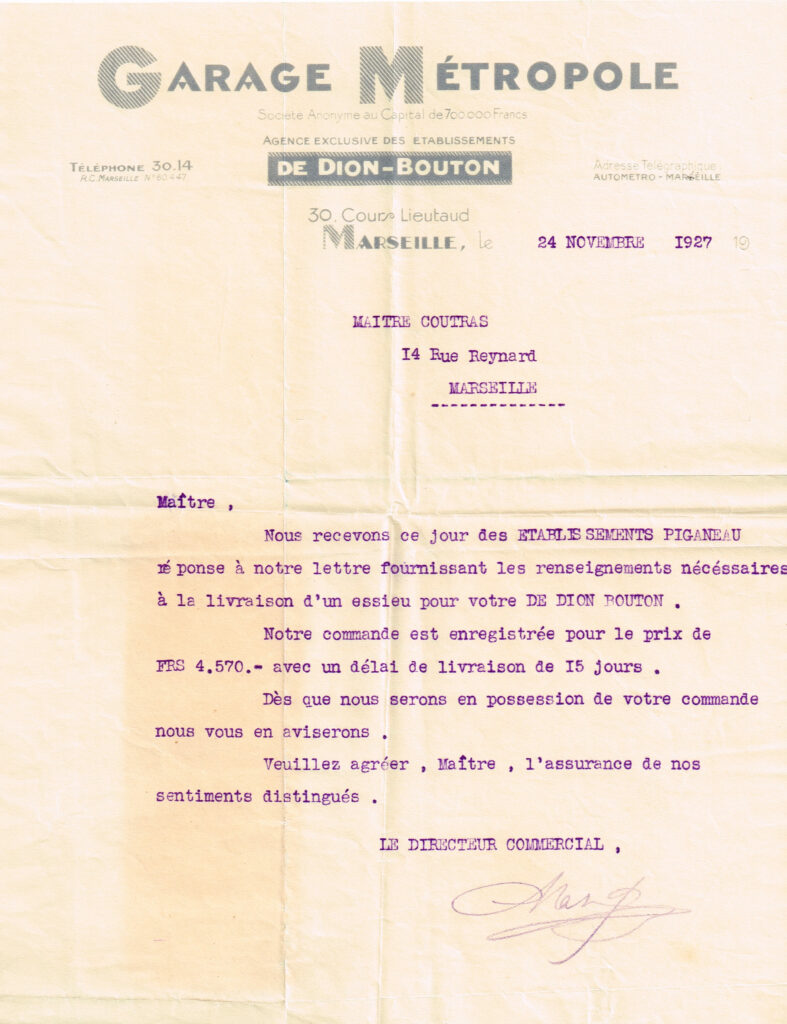 De Dion Bouton garage Métropole commande essieu 24 novembre 1927