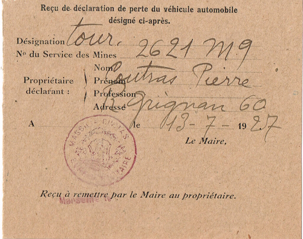 Mathis Déclaration de vente du véhicule le 13 juillet 1927