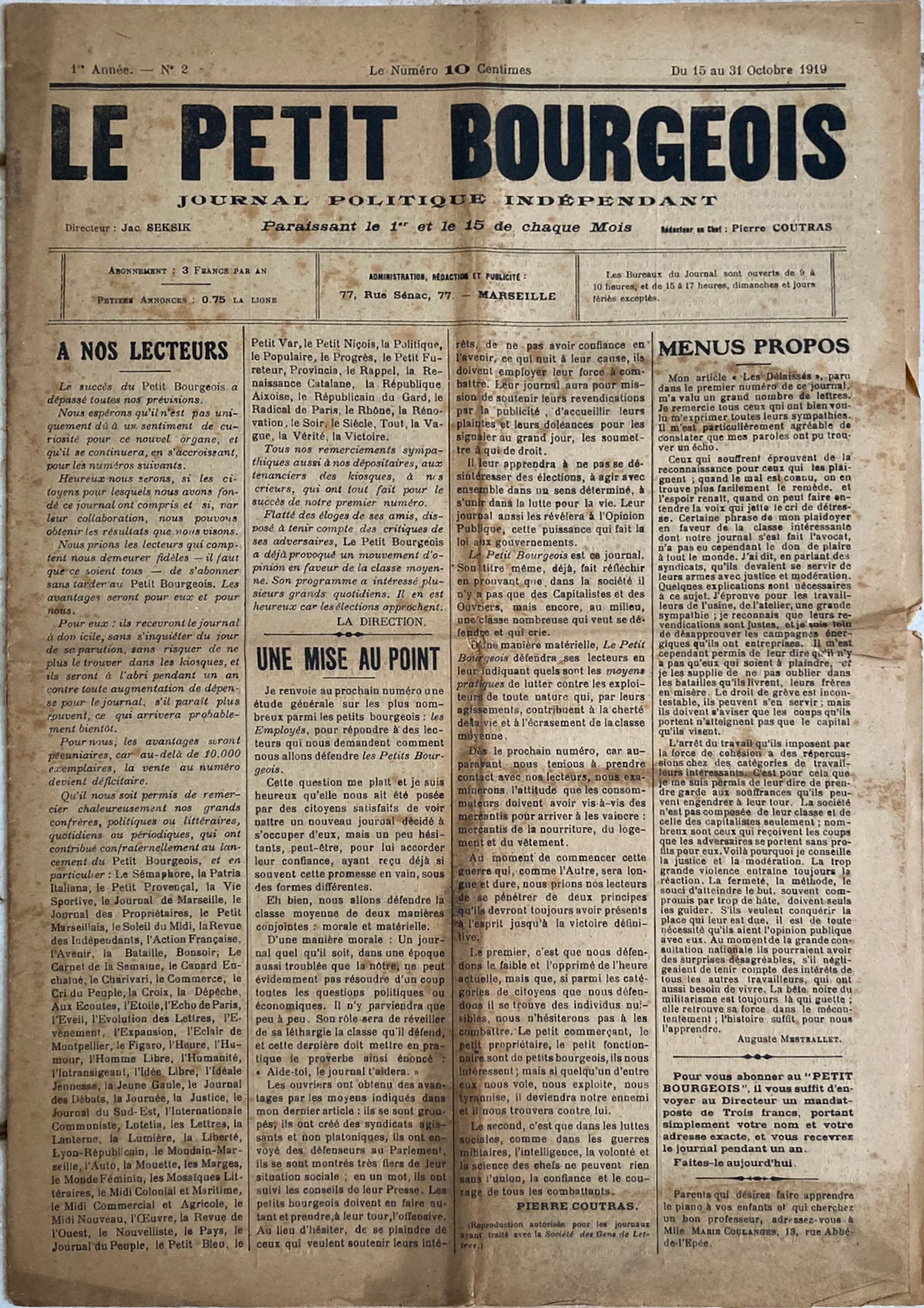 Le Petit Bourgeois n°2 du 15 au 31 octobre 1919