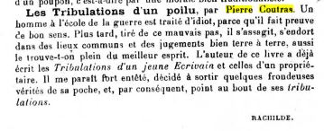 Mercure de France 16 mai 1919 sur Les Tribulations d'un Poilu par Rachilde
