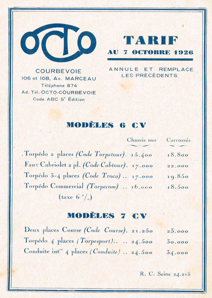 Octo Tarif octobre 1926
