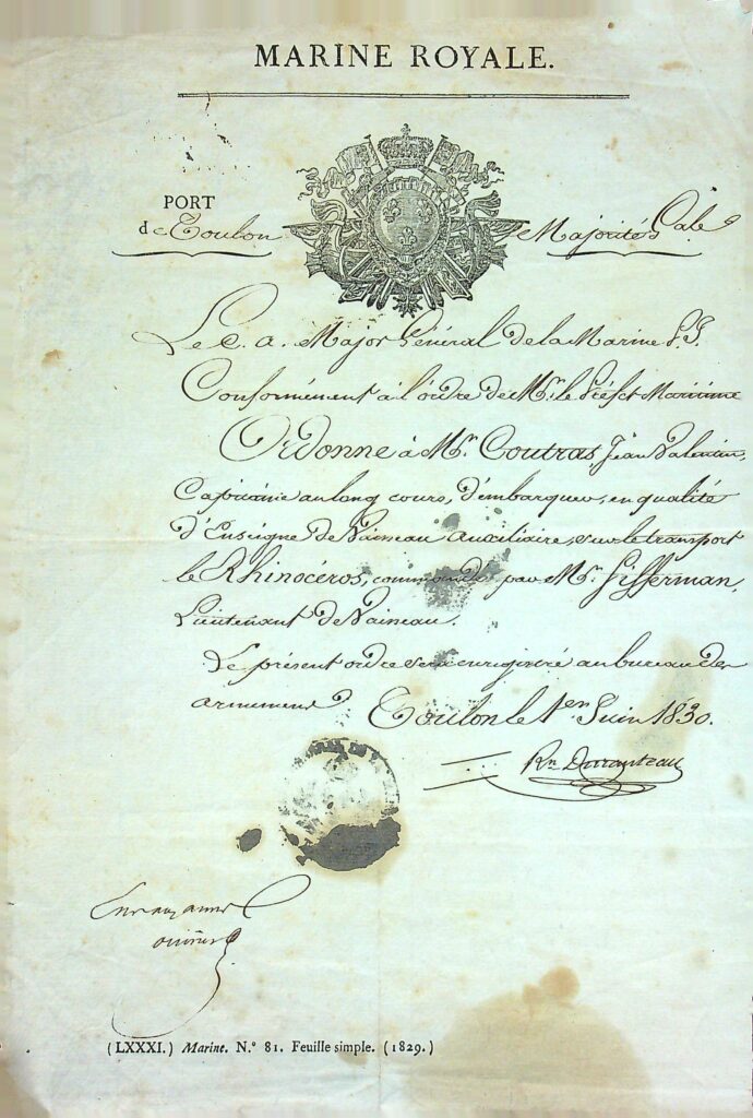 Ordre d'embarquement sur le Rhinocéros 1830