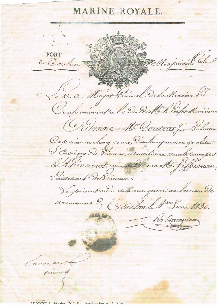 Ordre d'embarquement sur le Rhinocéros 1er juin 1830