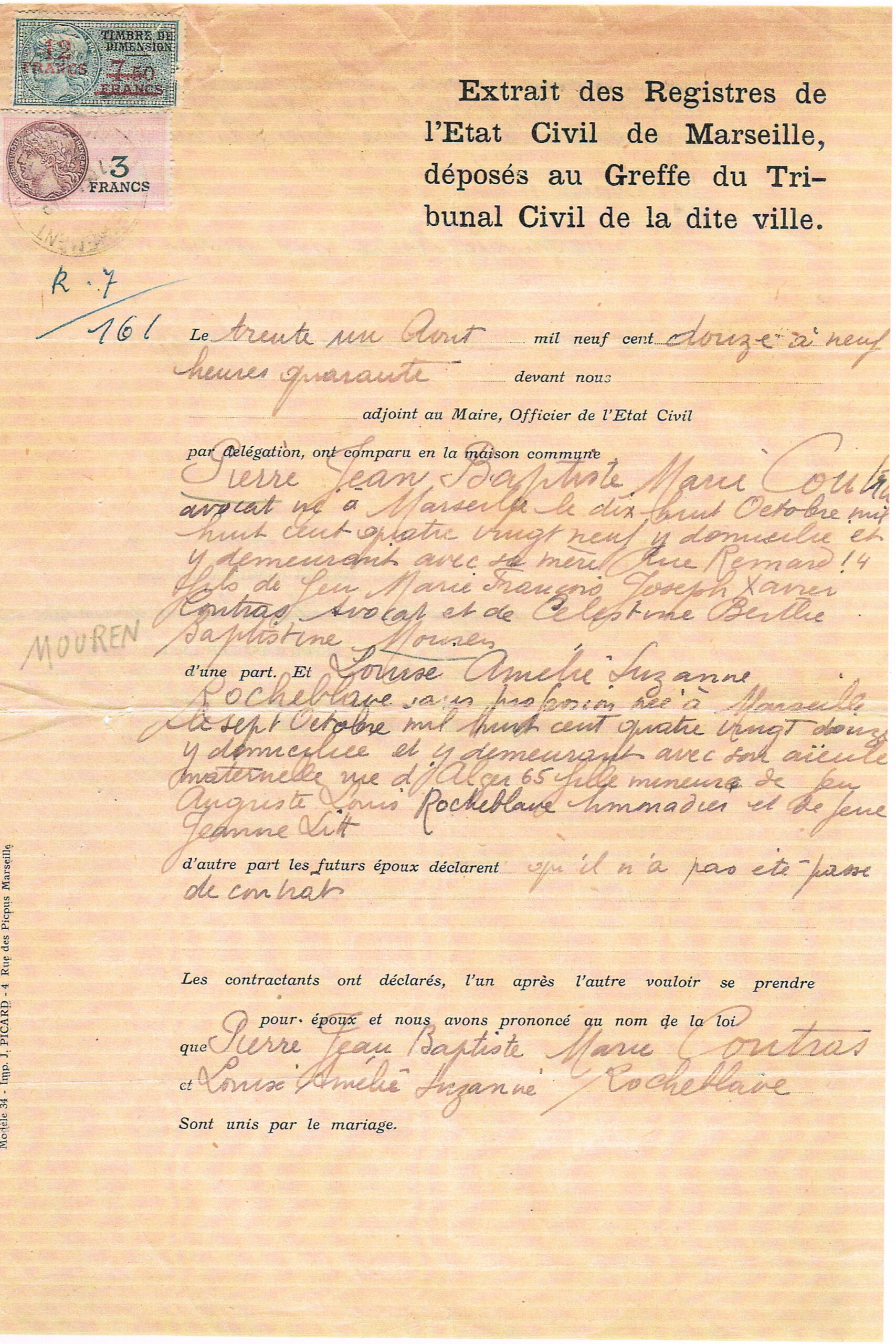 Pierre Extrait d'Acte de mariage du 19 12 1945 recto